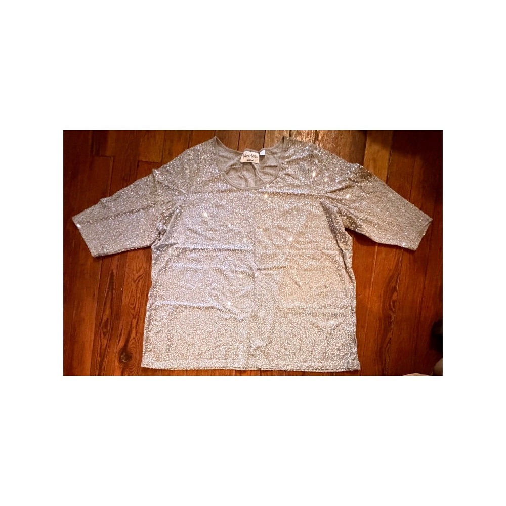 Avenue Modern Metallics Silver Sequin Short Sleeve Top Grey Plus 30/32